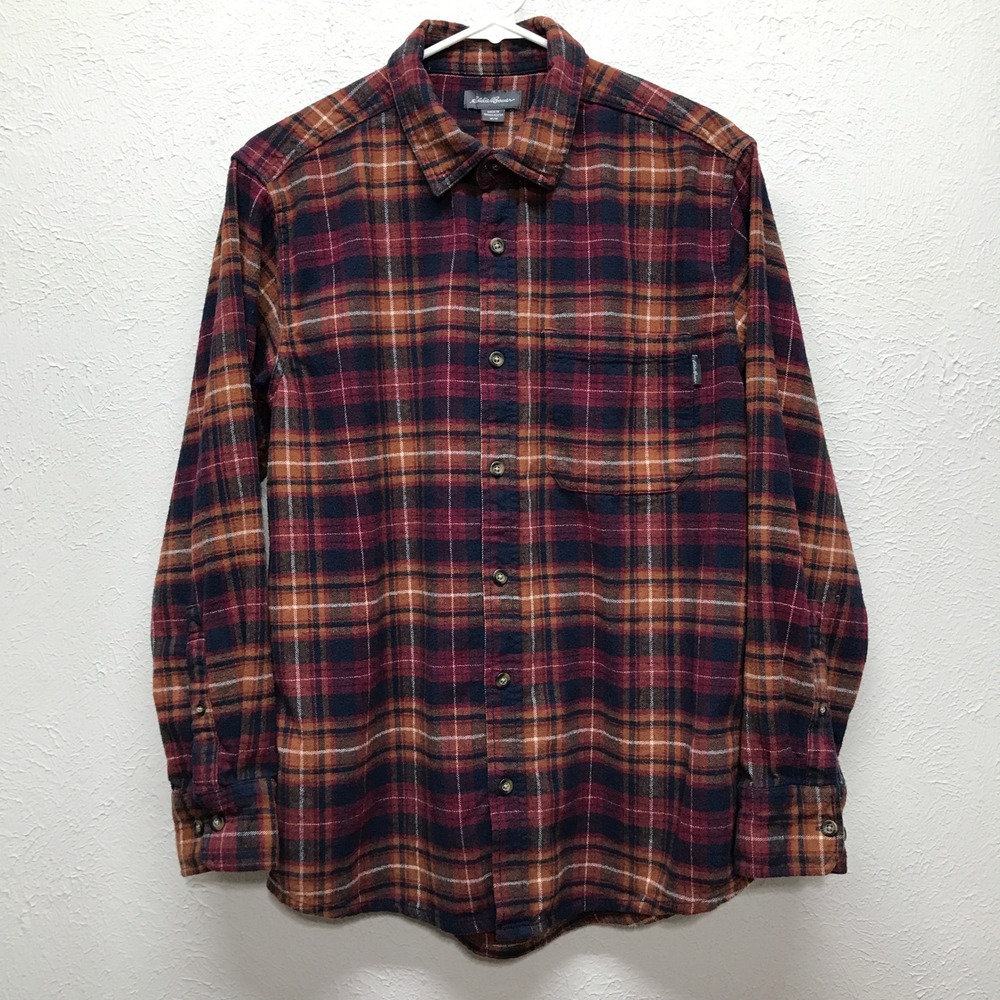 Eddie Bauer Flannel Shirt Mens M Burgundy Orange‎ Navy Plaid Long Sleeve Cotton